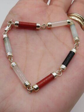 Vintage Multi-color Jade and Silver Tone Barrel Link Bracelet